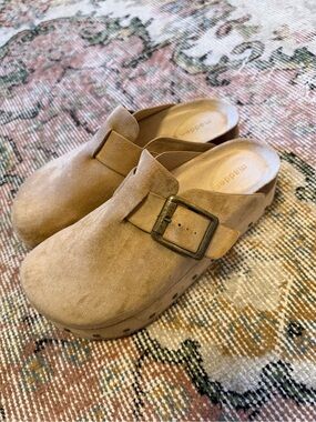 Madden Girl Tan Suede Clog Mules with Buckle